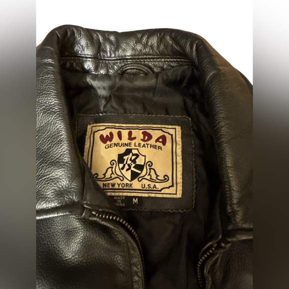 Vintage Unisex Wilda Black Leather Motto Jacket Mid Length Zip Up Medium - Picture 4 of 5